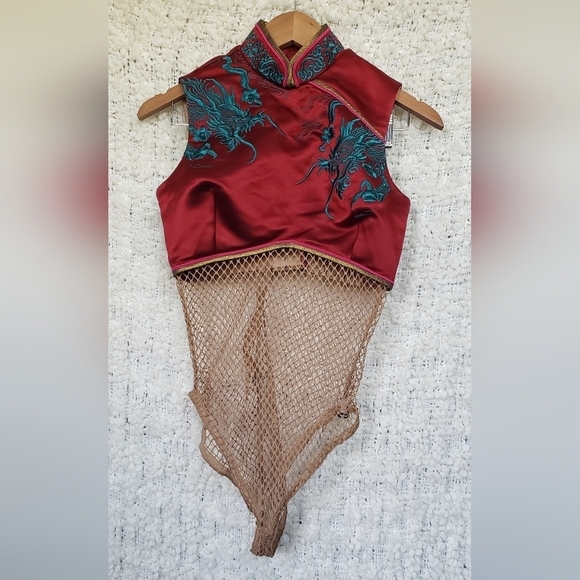 Tops - Custom made bodysuit with fishnet body and dragon embroidered crop top medium